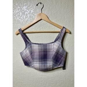 Liberty Lane Crop Tank Plaid Zip Back Size Large Purple White NEW